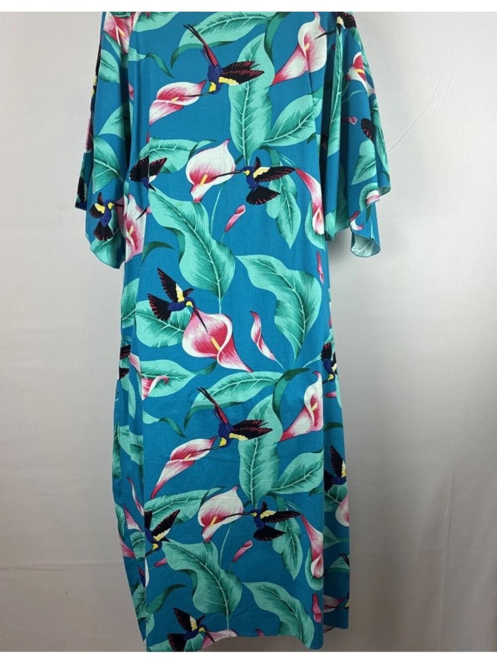 Vibrant vintage 1980s Hawaiian Muumuu Caftan Teal Blue Cala Lillies Hummingbirds - Picture 4 of 4